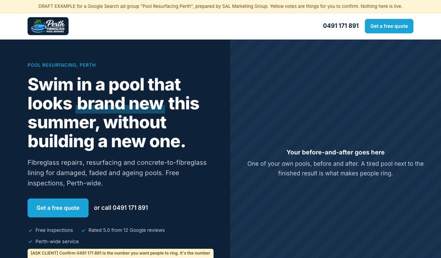 Preview of the Pool Resurfacing Perth landing page